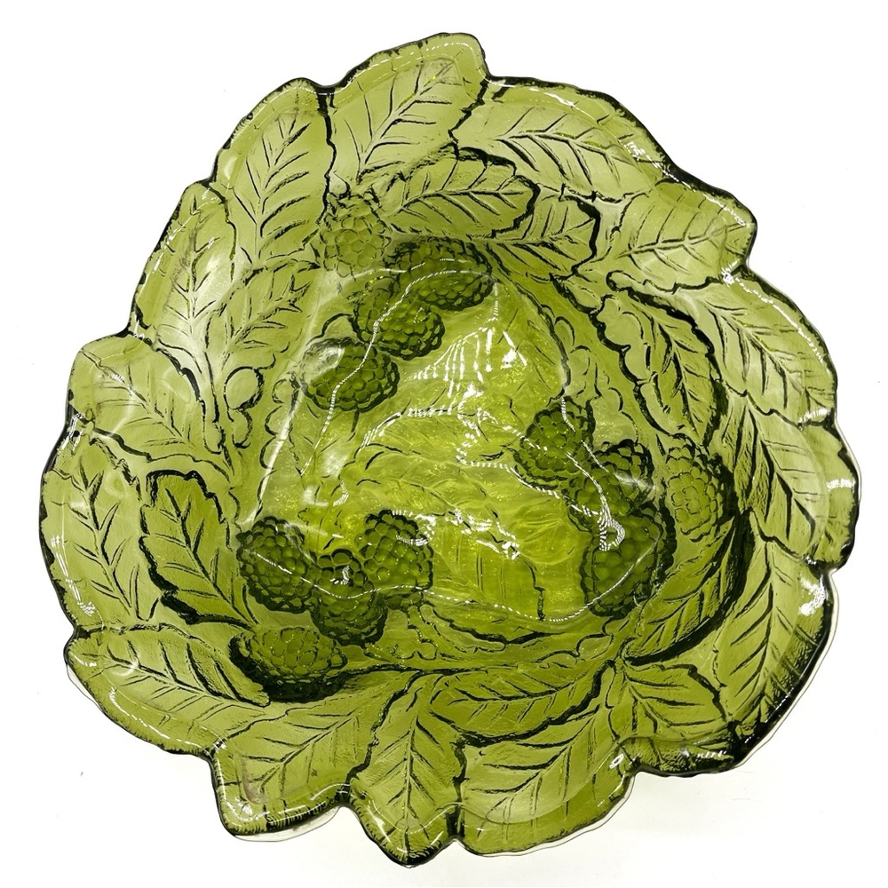 Vintage Green Indiana Glass Loganberry Raised Berries & Leaves Candy Bowl Dish